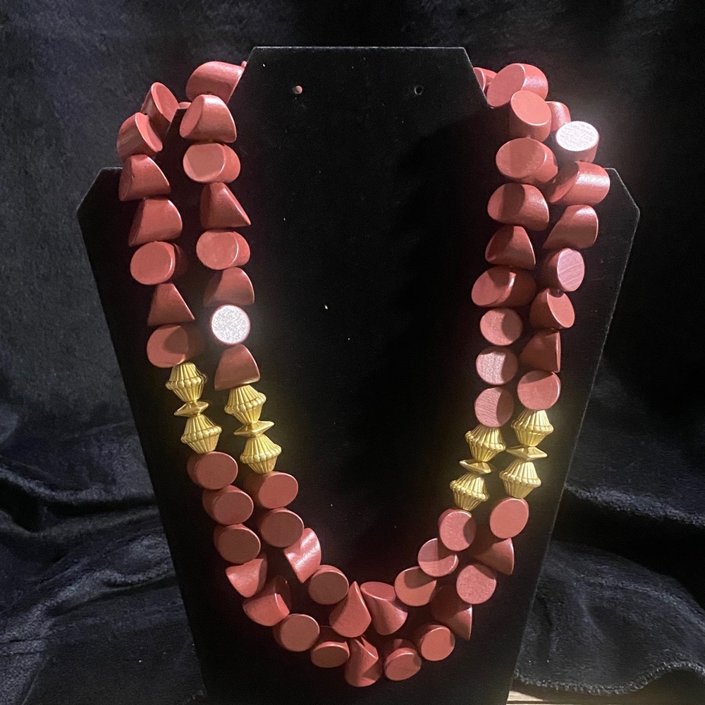 Plunder Burgundy and Gold Wood Bead Two Strand Statement Necklace